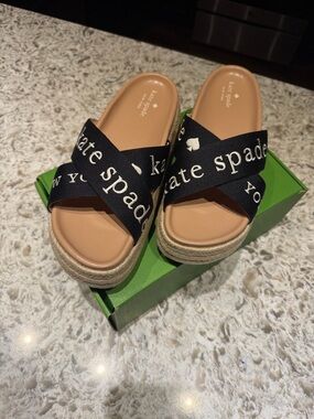 kate spade Black Logo Crisscross Espadrille Platform Slides